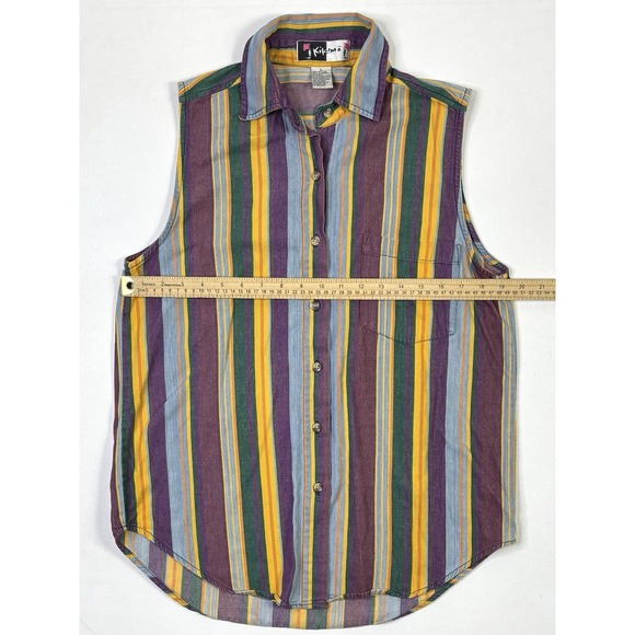 Vintage Kikomo Sleeveless Shirt Women's Large Button Up Striped Purple Orange - Picture 6 of 8